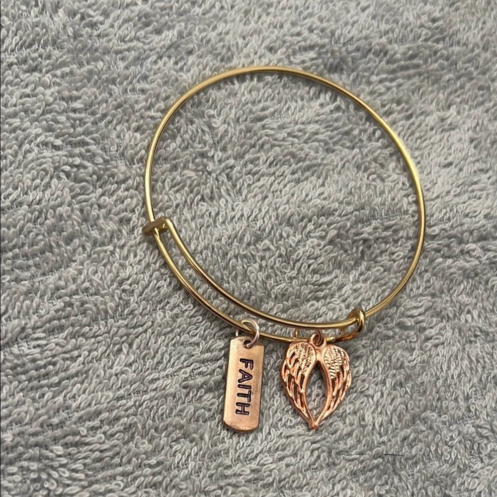 Gold Faith Bangle Bracelet with Angel Wing Charm - Picture 2 of 5